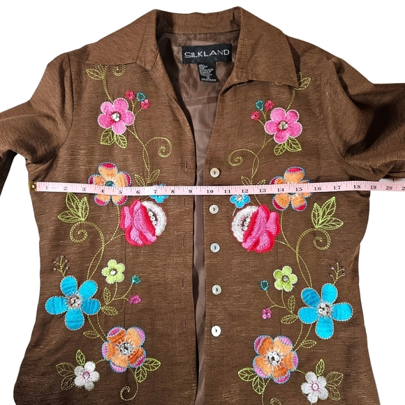 Silkland Embroidered Silk Blazer,  Size Small,  Brown with Floral Design - Picture 9 of 9